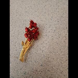 DM 1997 Dozen Red Rose Brooch Gold Tone Stems Red Enamel Handcrafted Pin